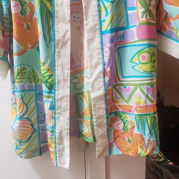 Bob Mackie Wearable Art Silk Open Front Kimono Top Cats Monkeys Fruit Fish sz S - Picture 7 of 16